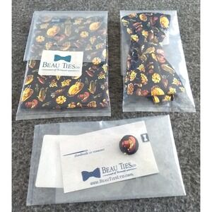 Beau Ties Turkey Bow Tie, Pocket Square & Lapel Pin Black Silk Thanksgiving NEW